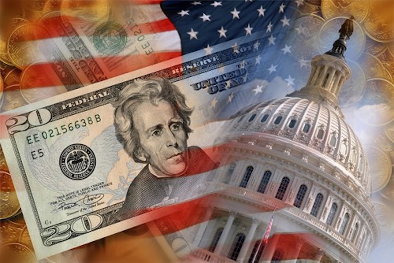 $20 bill, American Flag, and Capital Building
