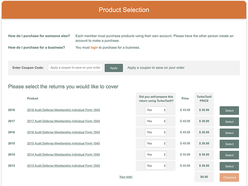 TurboTax Audit Defense - Product Selection Screen
