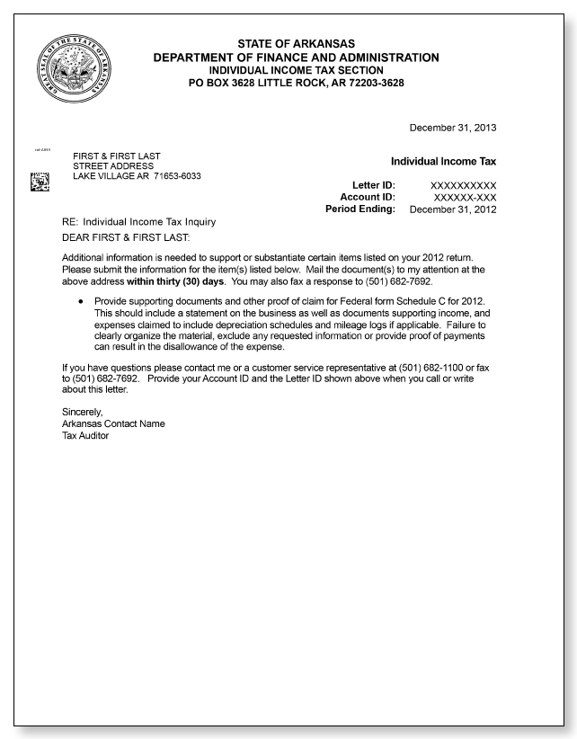 Arkansas Department of Finance Letter Sample 1