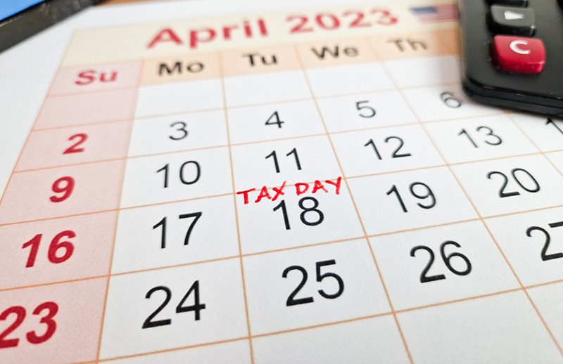 April 2023 Calendar with Tax Day written on April 18th