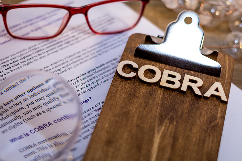 COBRA written with wooden blocks on a clipboard. Document in background.