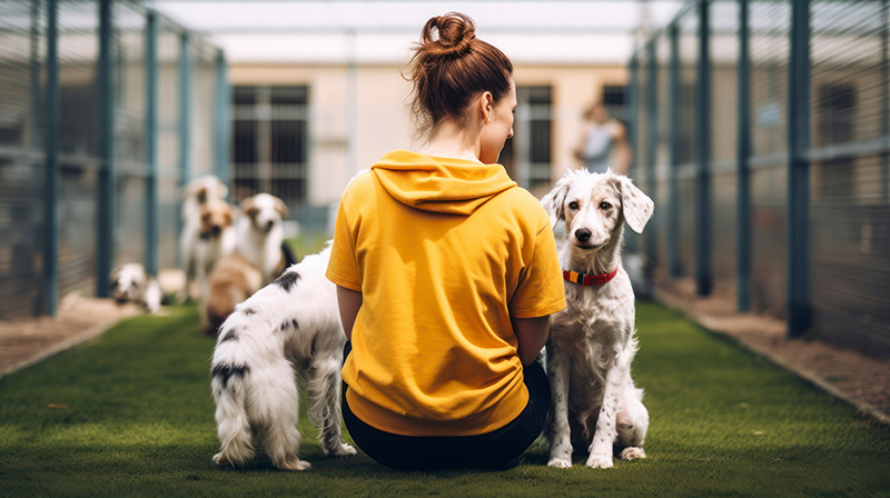 Woman sitting with some dogs at a dog kennel facility
