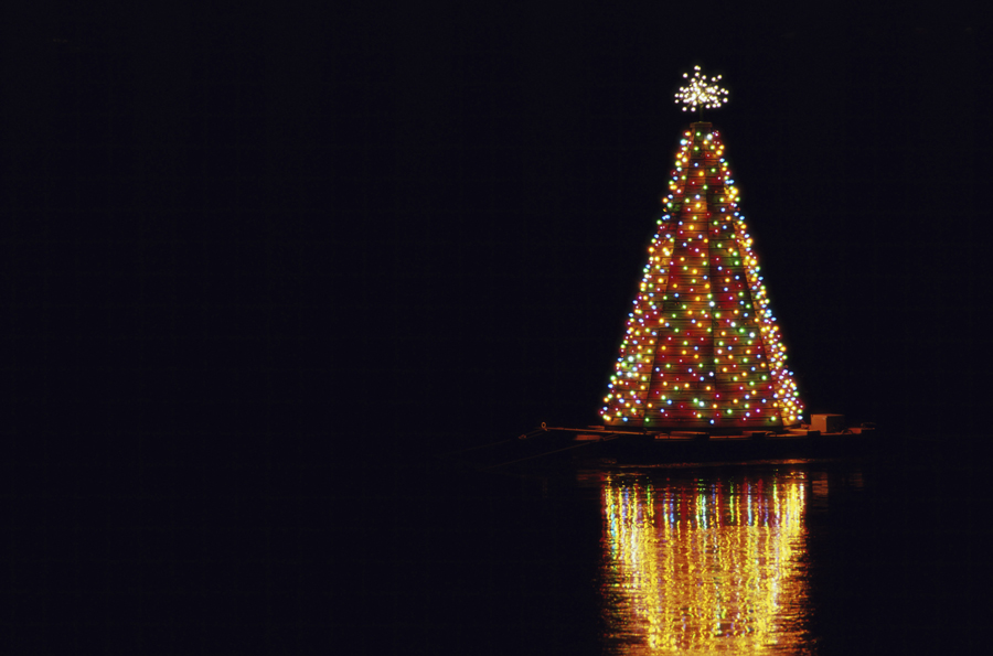 Lite Christmas tree on the floating barge