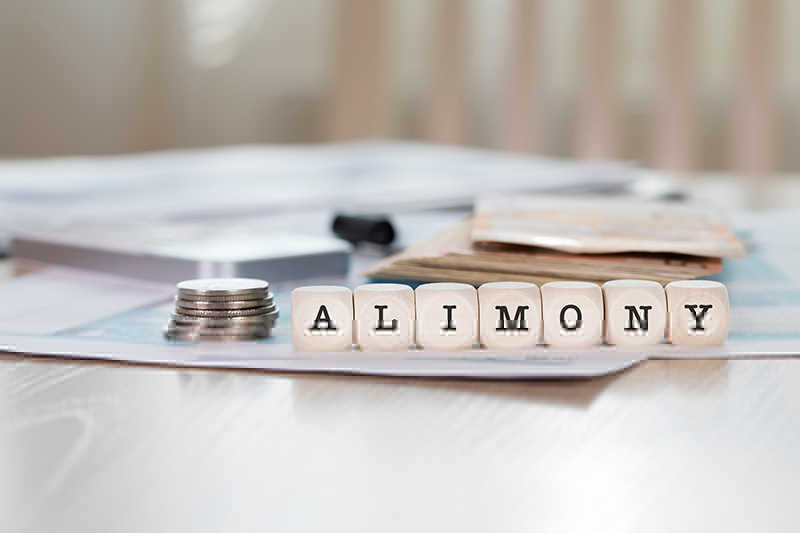Alimony spelled out with blocks with a stack of money next to it