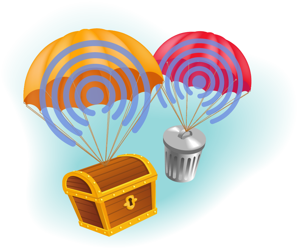 trash can and treasure chest falling with a parachute