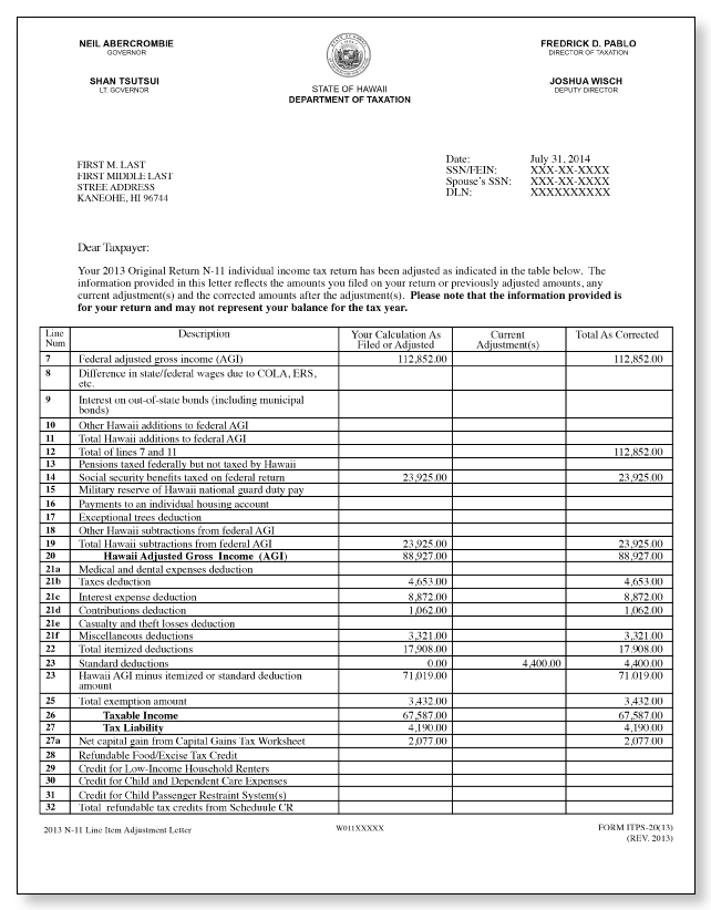 Hawaii Department of Taxation Underpayment of Estimated Tax Penalty and Taxation Line Item Adjustment Letter – Sample 1 