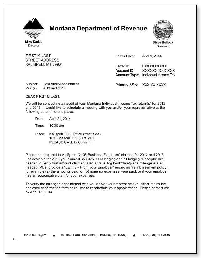 Montana Department of Revenue Field Audit Letter – Sample 1 