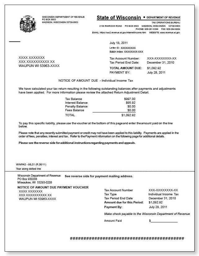 Wisconsin Notice of Amount Due – Sample 1 