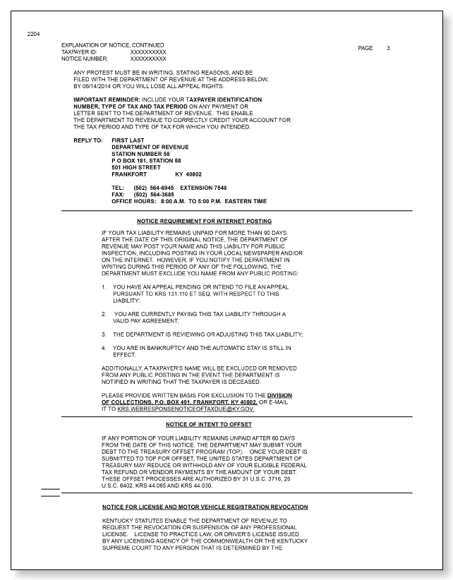 Kentucky Department of Revenue Notice Letter – Sample 1 