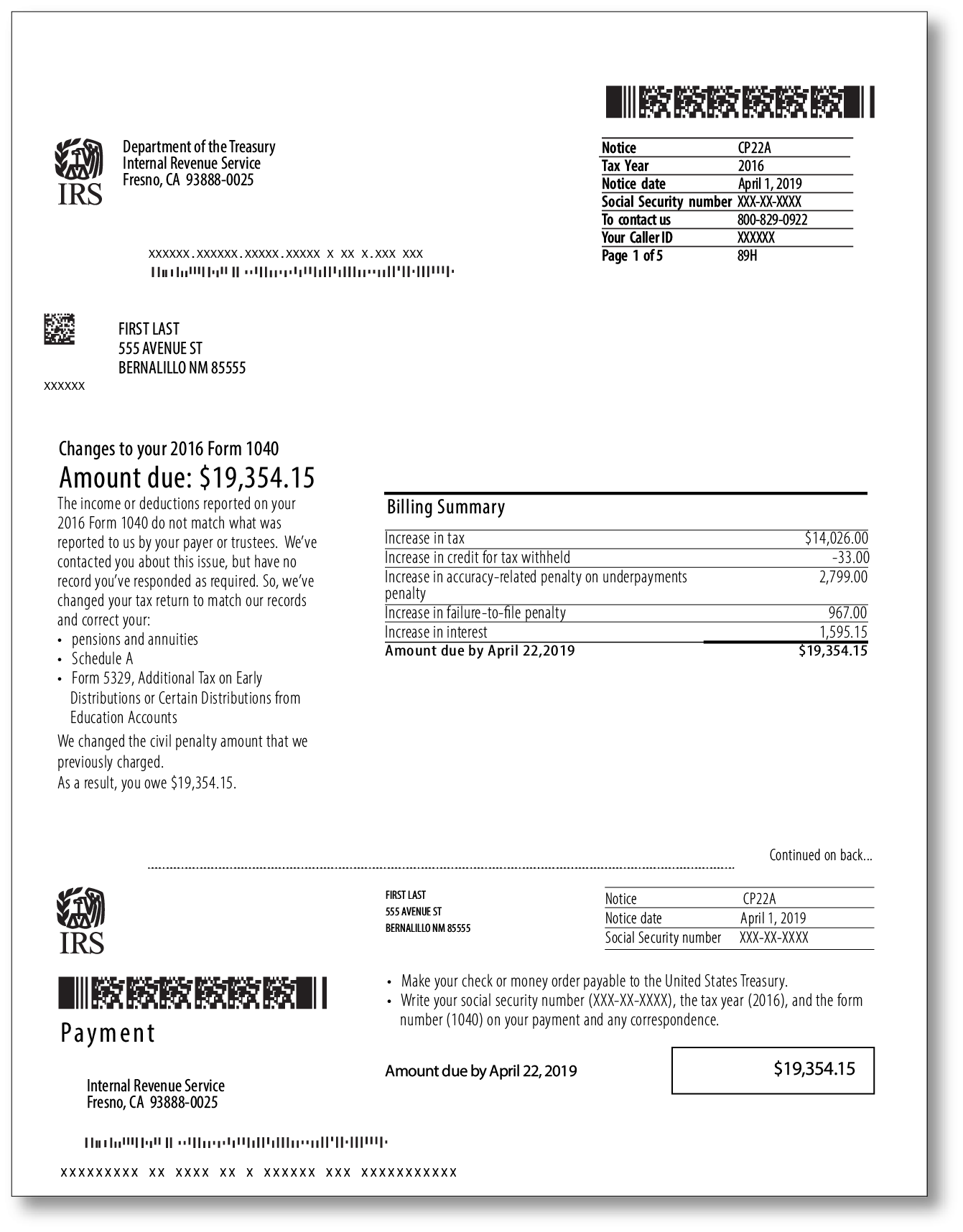 IRS Audit Letter CP22A – Sample 1