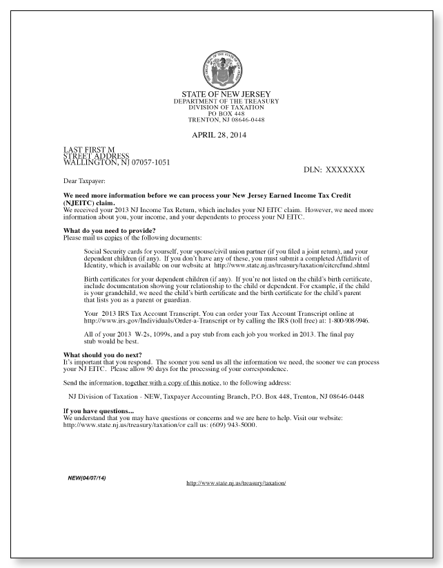 New Jersey Division of Taxation Letter – Sample 1