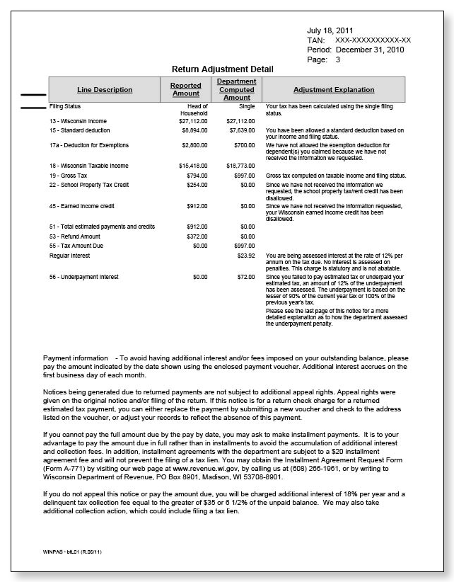 Wisconsin Notice of Amount Due – Sample 1 