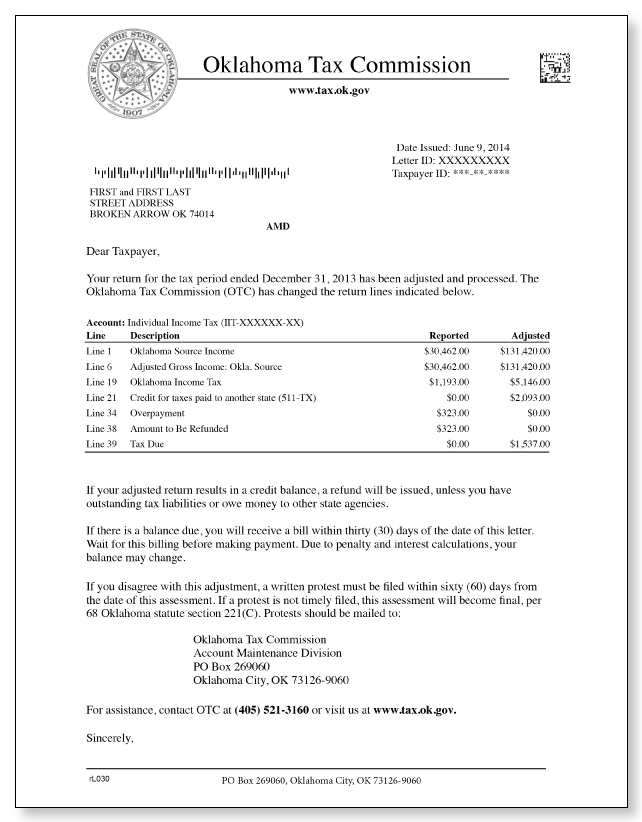 Oklahoma Tax Commission rL030 Letter Sample 1