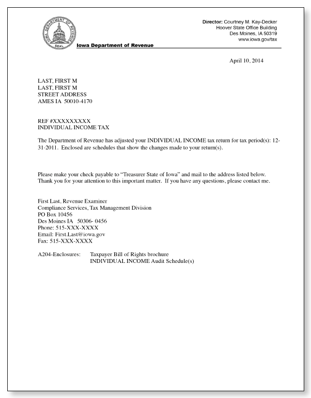 Iowa Department of Revenue – Letter A204 – Sample 1 