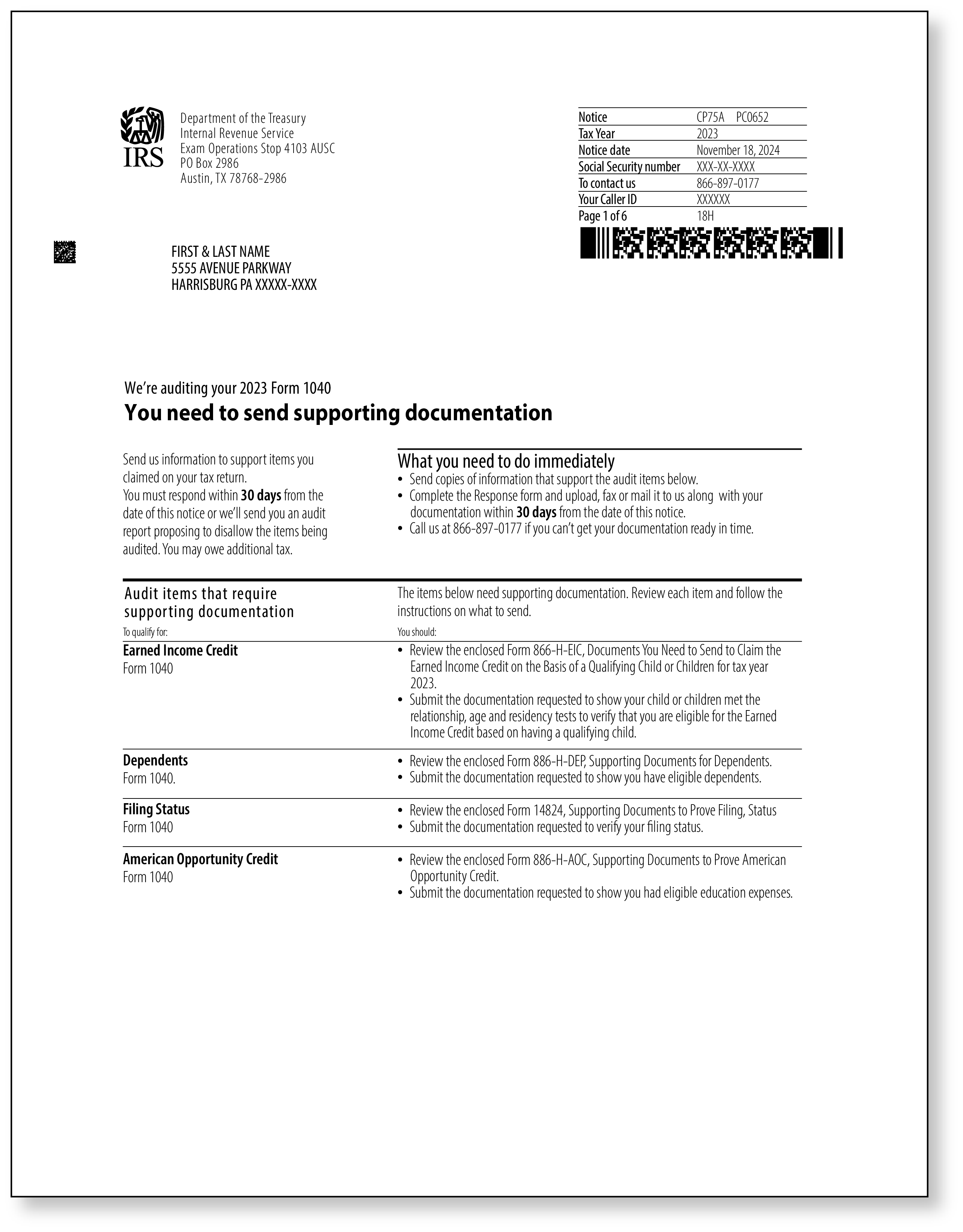 IRS Audit Letter CP75A - Sample 2