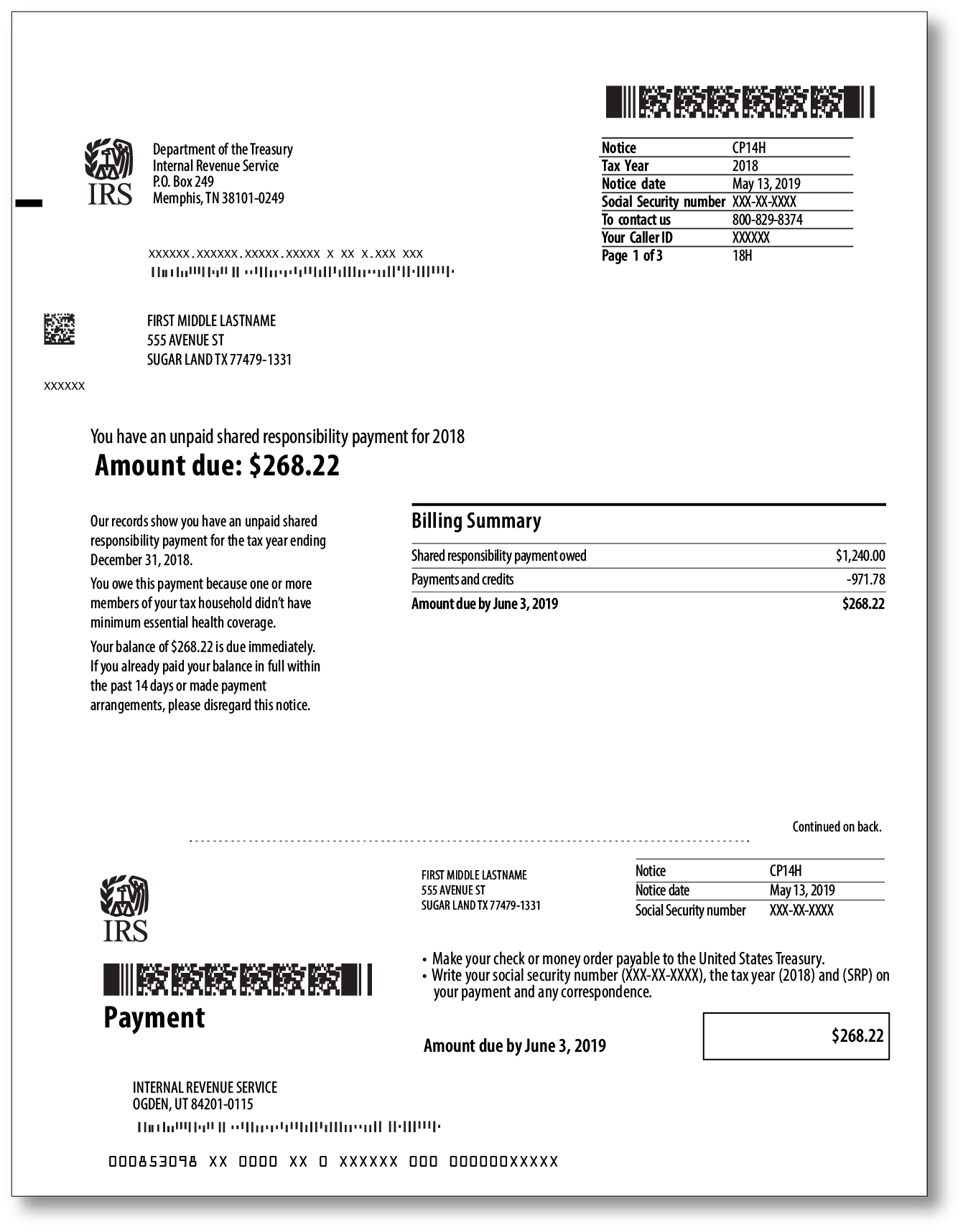 IRS Audit Letter CP14H – Sample 1