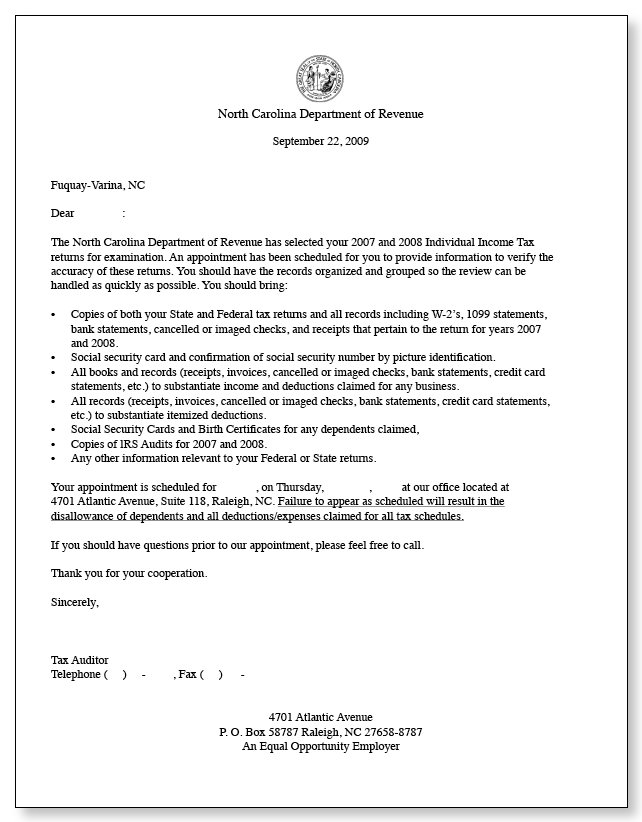 North Carolina Audit Notice – Sample 1 