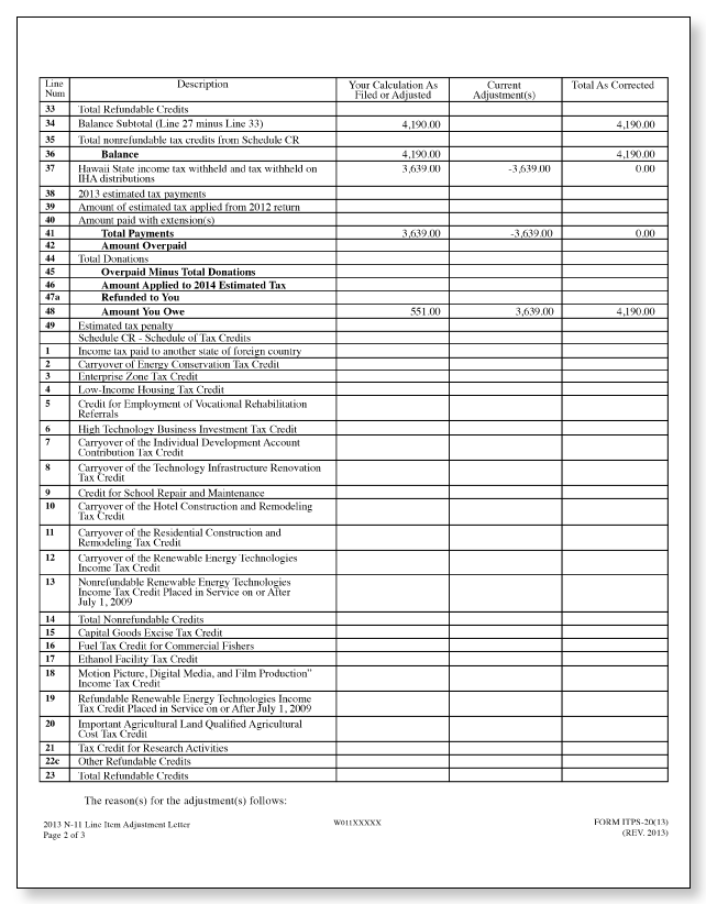 Hawaii Department of Taxation Underpayment of Estimated Tax Penalty and Taxation Line Item Adjustment Letter – Sample 1 