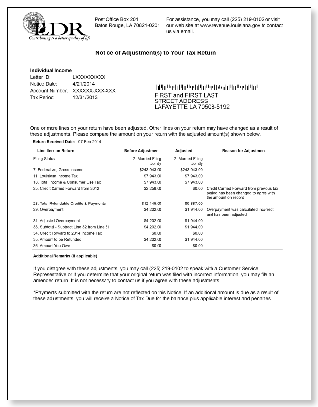 Louisiana Notice of Adjustment Letter – Sample 1 