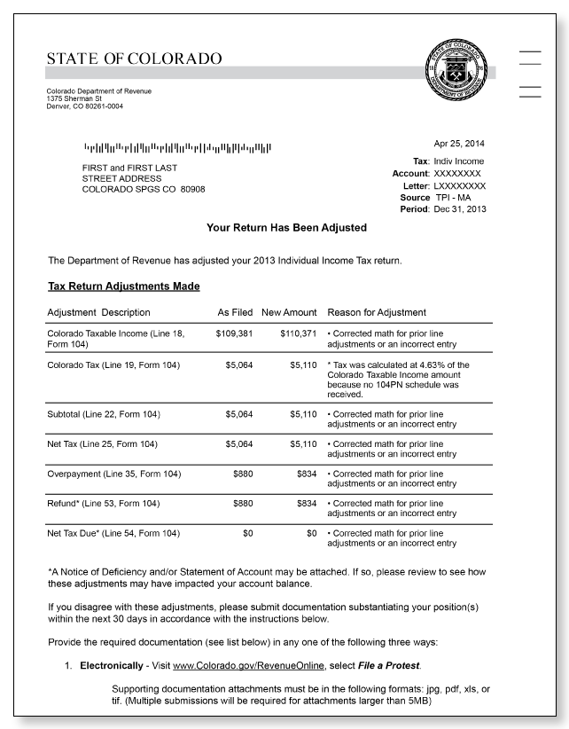 Colorado Department of Revenue TPI-MA – Sample 1 