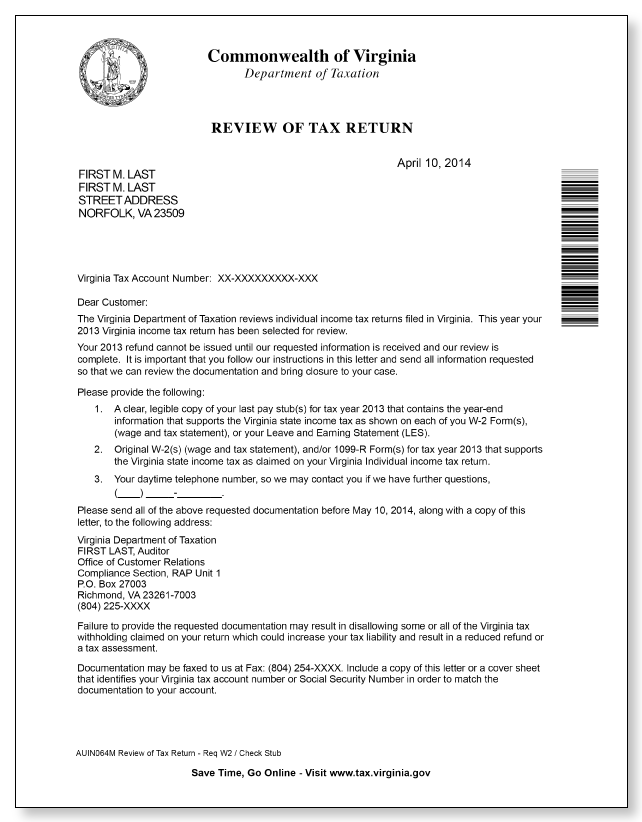 Virginia Department of Taxation Review Letter – Sample 1 
