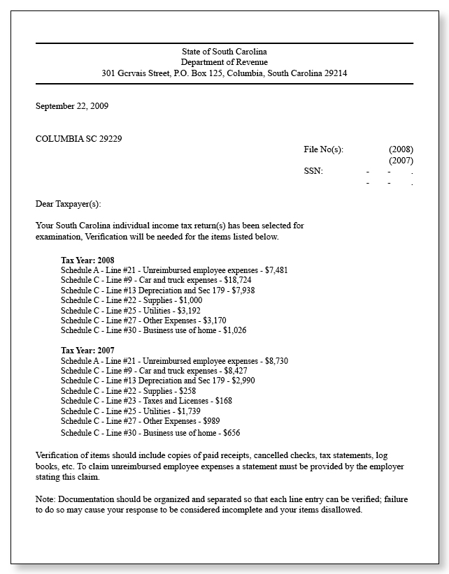 South Carolina Audit Notice – Sample 1 