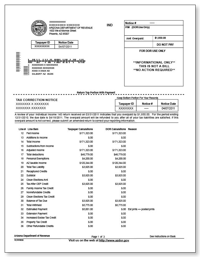 Arizona Tax Correction Notice – Sample 1