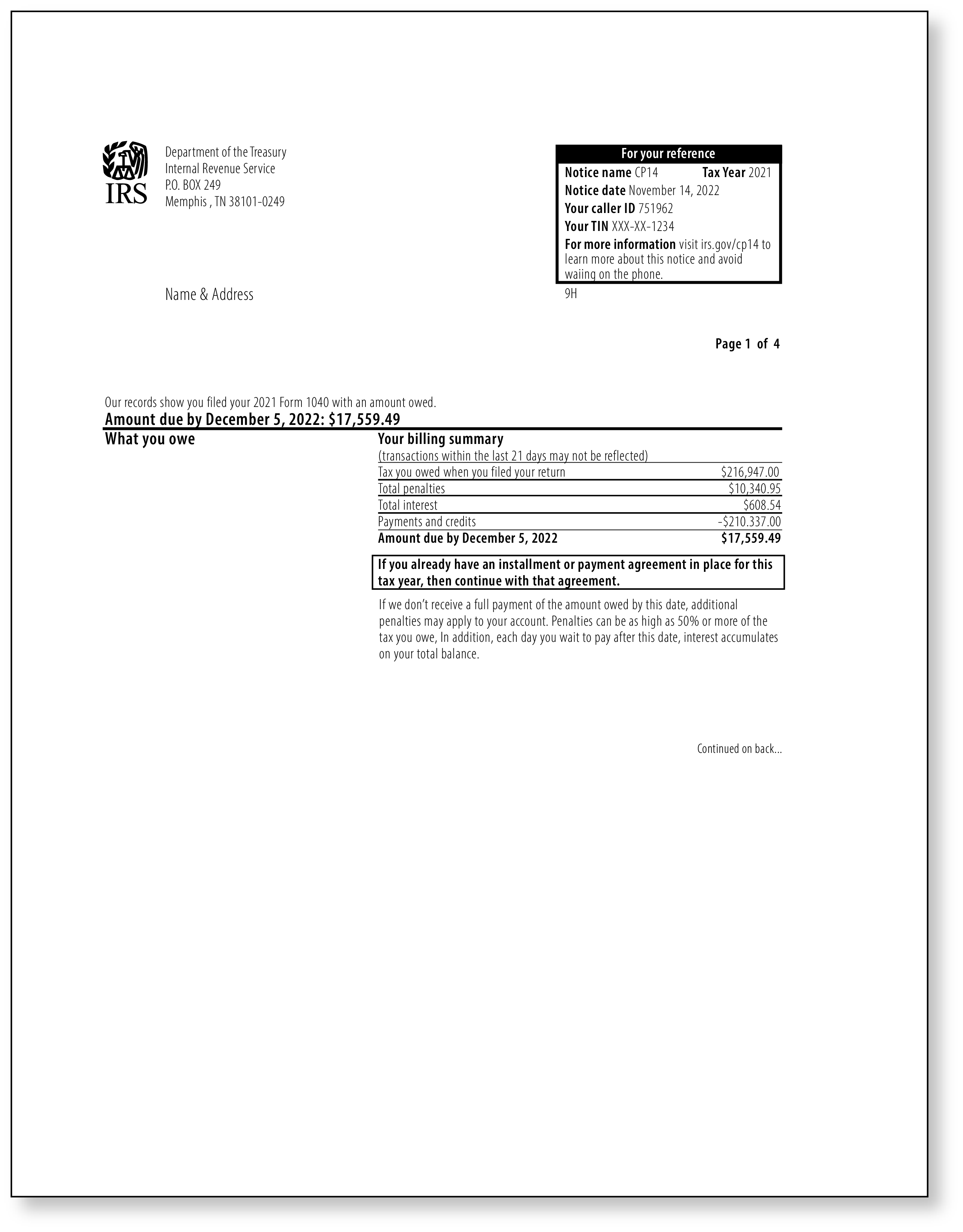 IRS Audit Letter CP14 – Sample 1