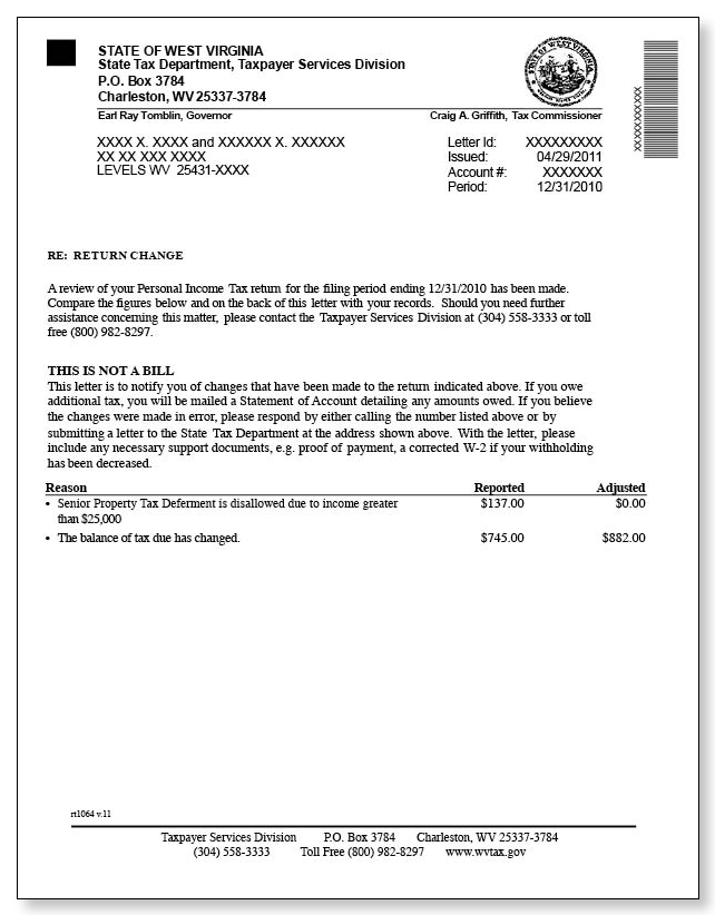 West Virginia Tax Return Change – Sample 1 