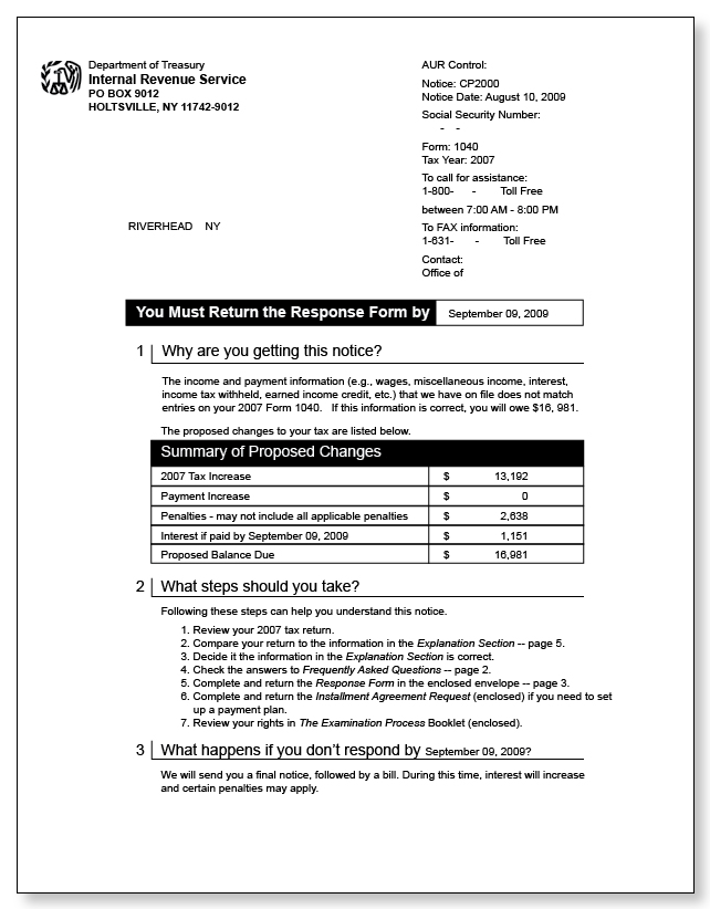 IRS Audit Letter CP2000 – Sample 7
