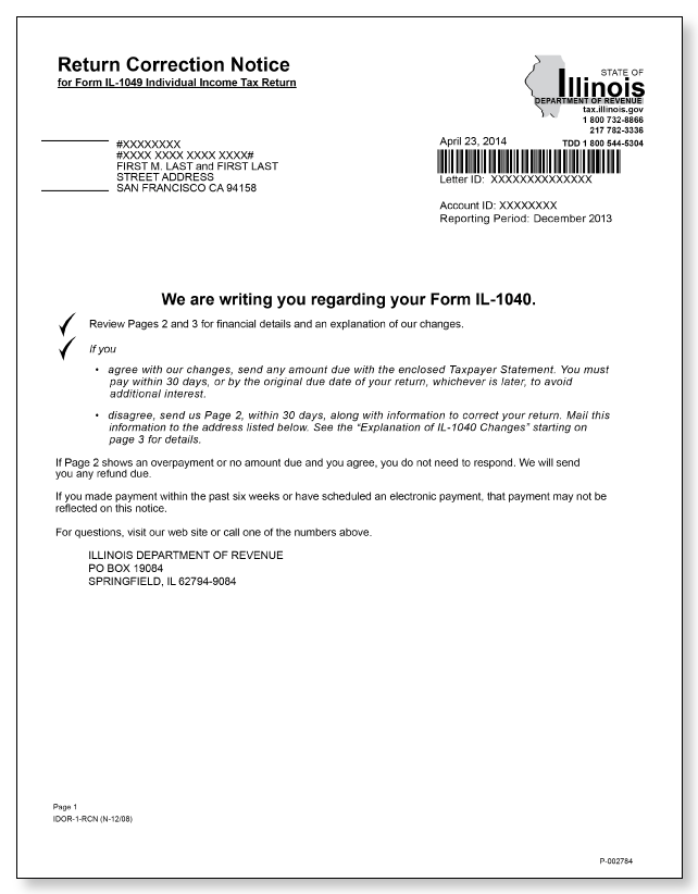 Illinois Department of Revenue IDOR-1-RCN Letter – Sample 1