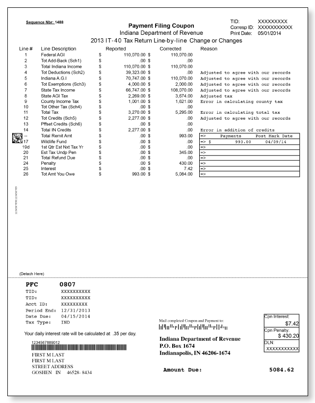 Indiana Department of Revenue Taxpayer Notification – Sample 1 