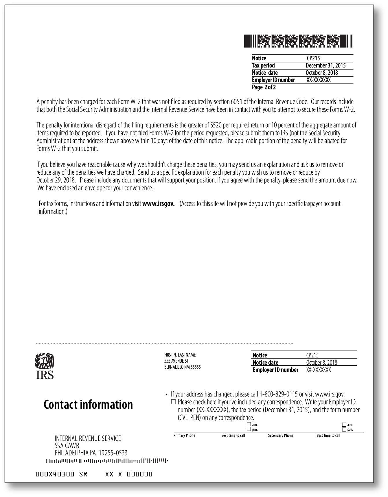 IRS Audit Letter CP215 – Sample 2