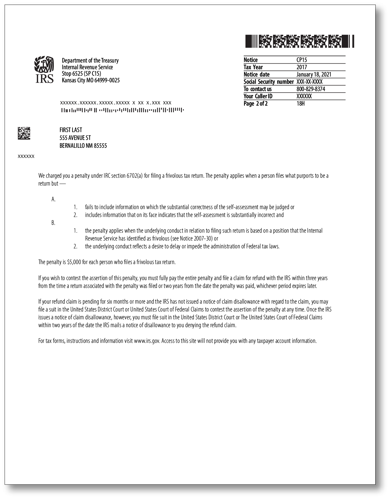 IRS Audit Letter CP15 – Sample 1