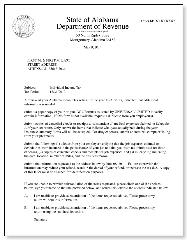 Alabama Department of Revenue Letter – Sample 1