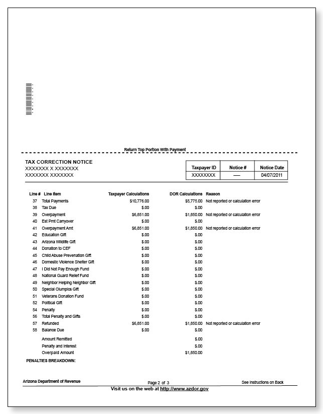 Arizona Tax Correction Notice – Sample 1