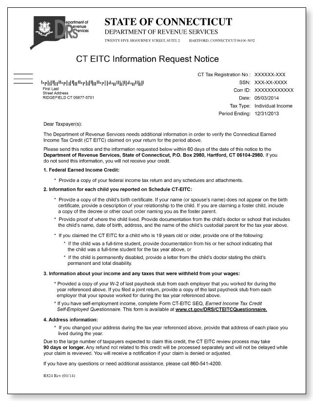 Connecticut Department of Revenue – Letter R824 – Sample 1