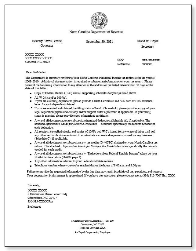 North Carolina Audit Notice – Sample 2 