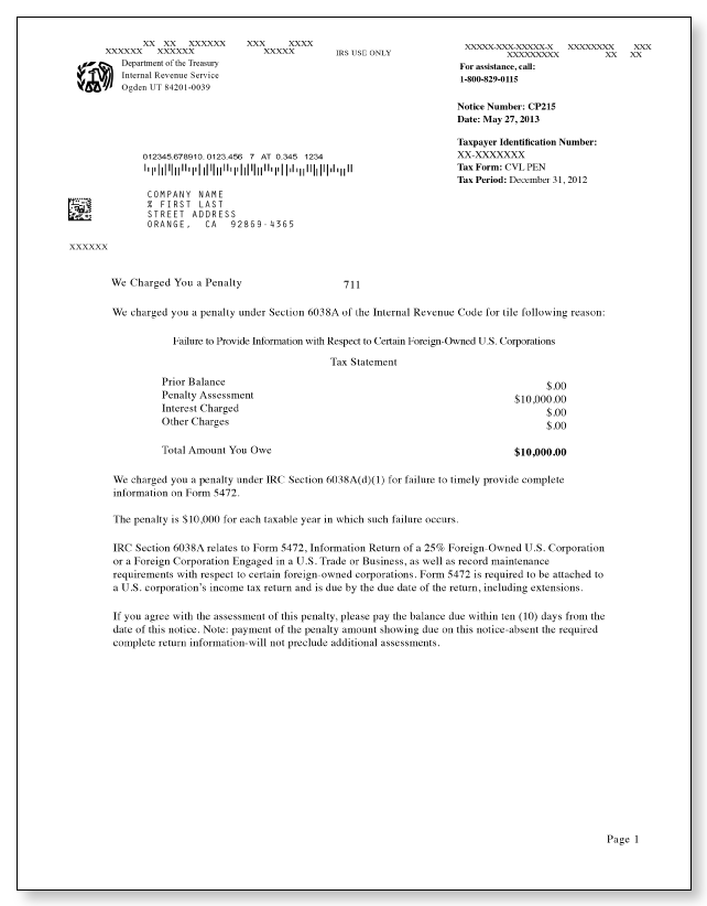 IRS Audit Letter CP215 – Sample 1 