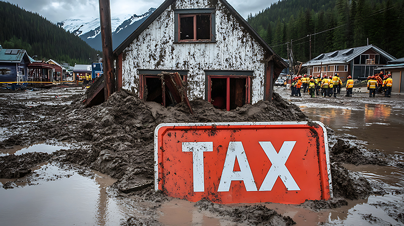 House devastated by a flood with a Tax sign in front