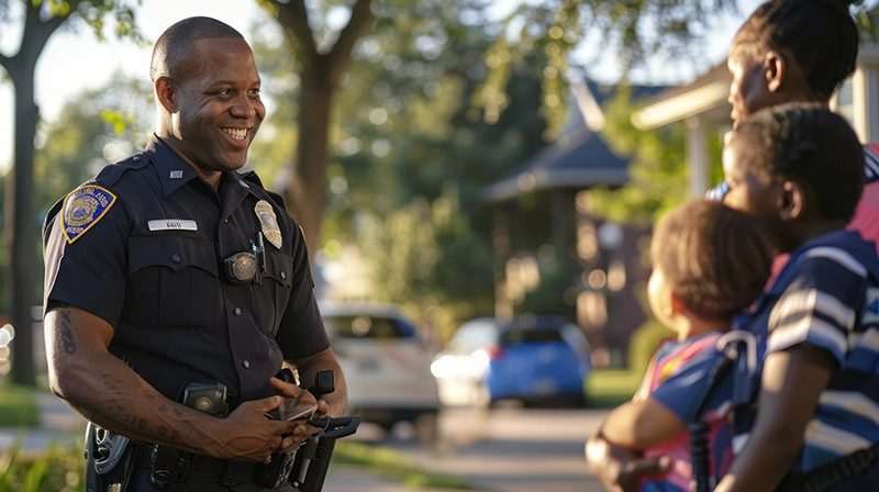 Law Enforcement Officer speaking to a family