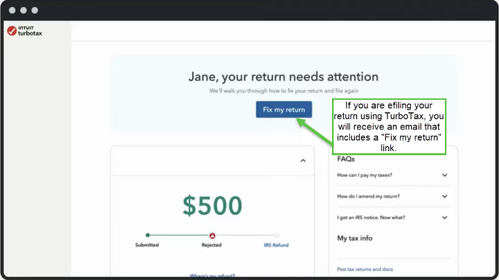 screenshot of turbotax showing an efile fix my return link
