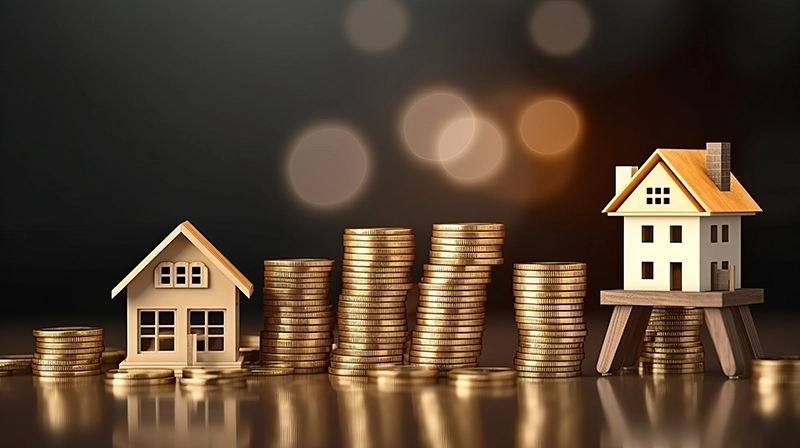 Two model houses and stacks of money