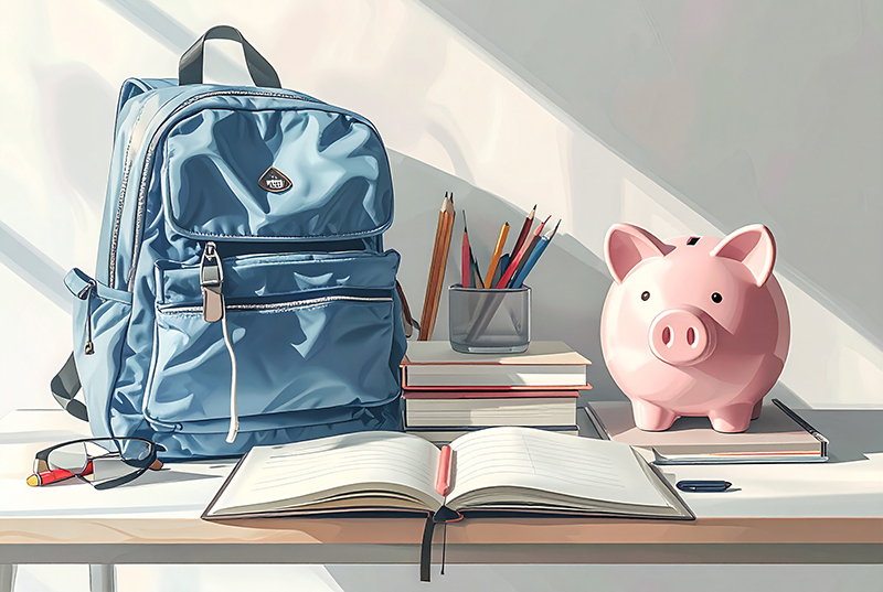 backpack, notebook, and other school supplies sitting on a desk along with a piggy bank