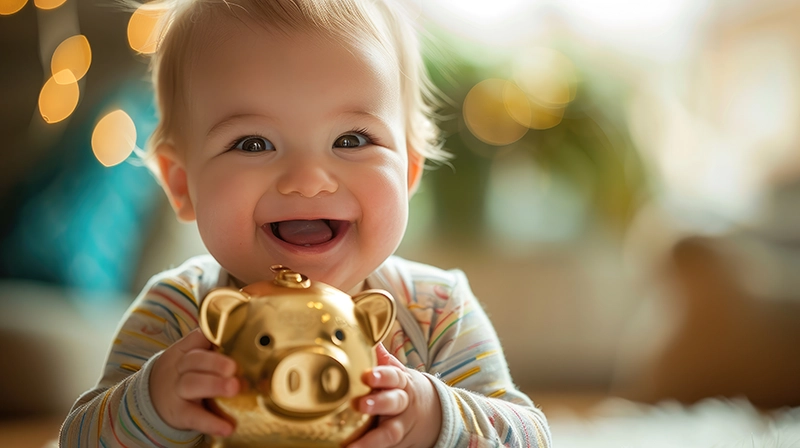 Happy baby holding a gold piggy bank