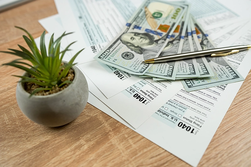 Tax Returns, plant, and $100 bills laying on a desk