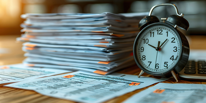 Pile of tax returns next to an alarm clock