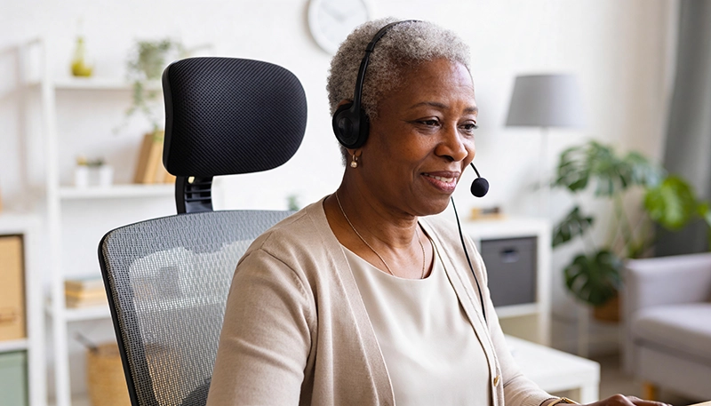 Remote worker working from home with a headset on