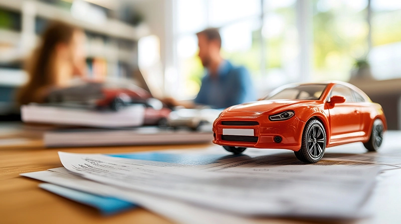 Model red car sitting on paperwork with salesman and buyer in background