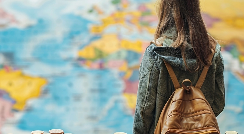 Student looking at world map